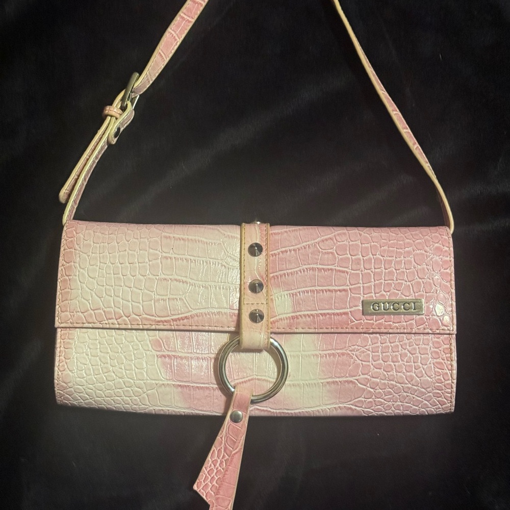 Pink and Cream Croc-Embossed Women's Bag
